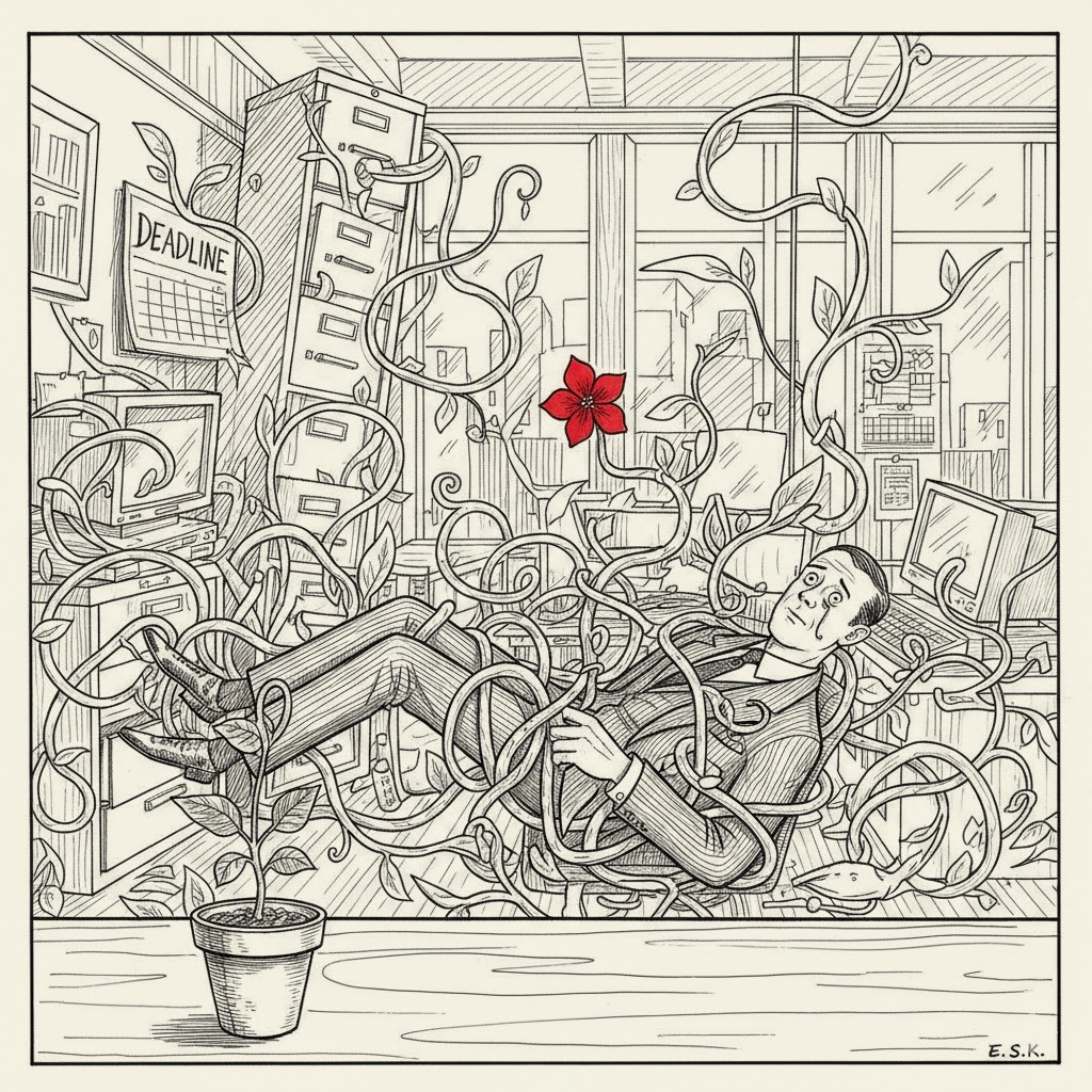 Illustration of vines overtaking an office